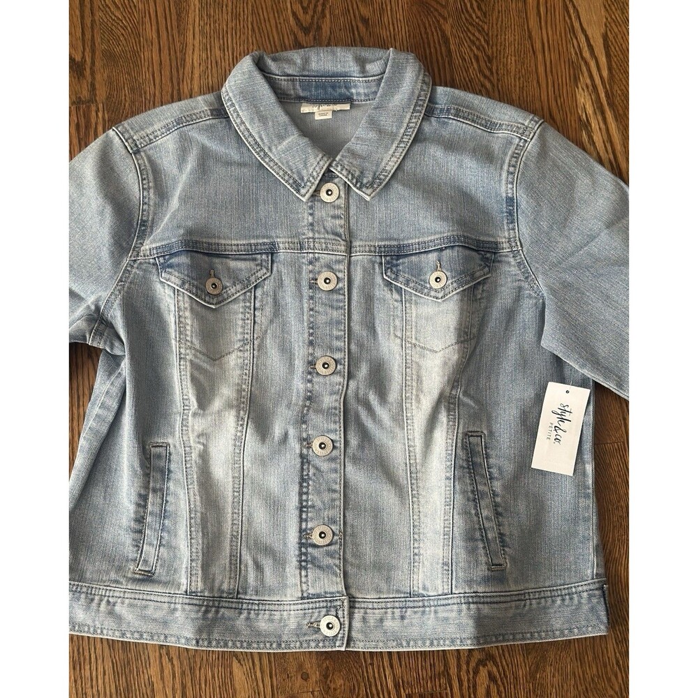 Style & Co. Women's Petite PL Denim Jean Jacket Blue Wash Button Pockets NWT0026